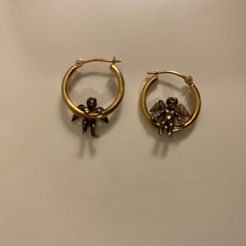14K Yellow Gold Hoop Earrings with Sterling Silver Angels/Cherubs